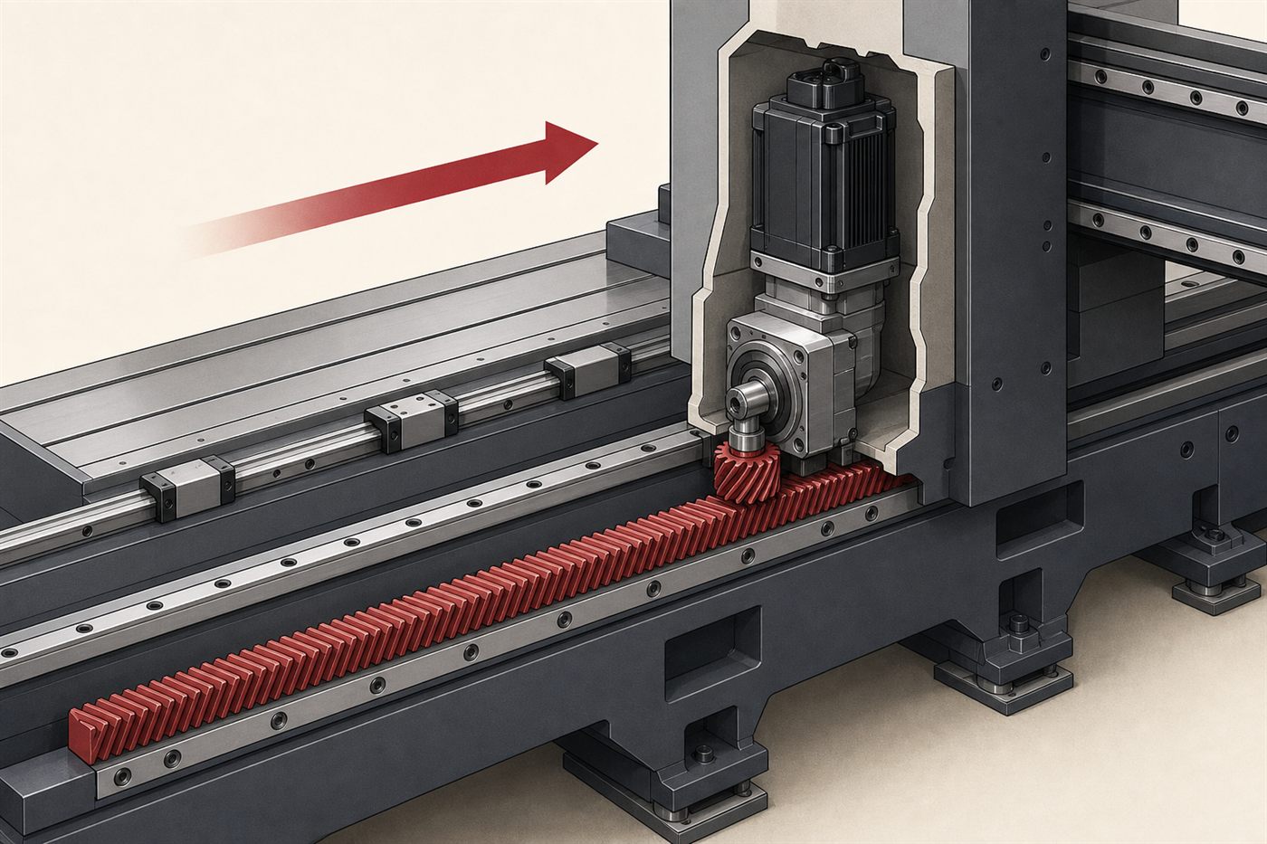 Long-travel axis in a gantry machine